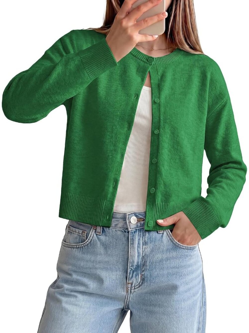 🆕Women's Green Cropped Knit Cardigan Sweater Crew Neck Button Front Jacket